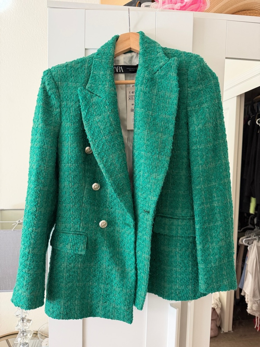 Zara Emerald Green Tweed + Blue Tweed Double-Breasted Blazer XS NWT